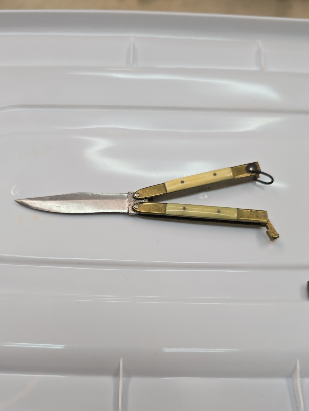 Vintage WWll Brass & Bone Butterfly Pocket Knife - Gold Tone Handle